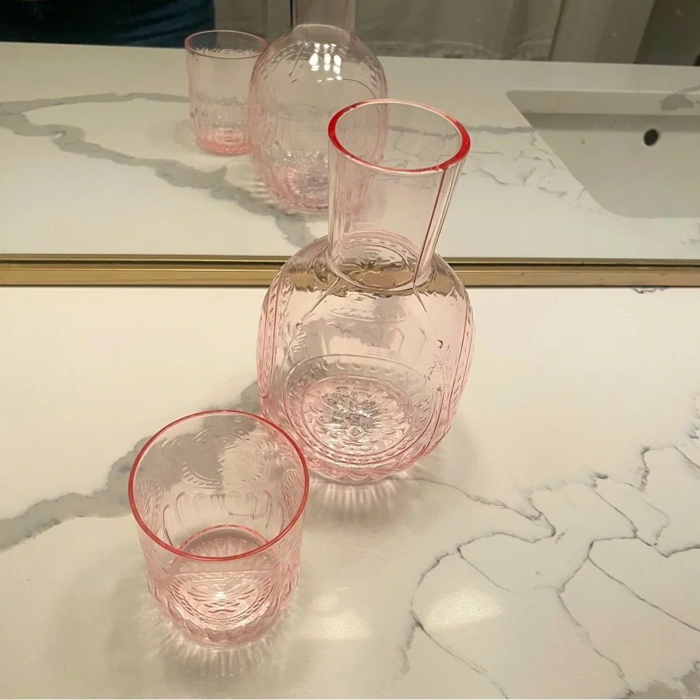 Embossed Bedside Water Carafe Glass Set  Pink